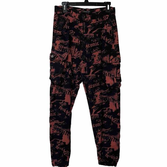 Streetwear Society Cargo Pants‎ Black Red Words Size L 28x28 Y2K Edgy Punk - Picture 1 of 11